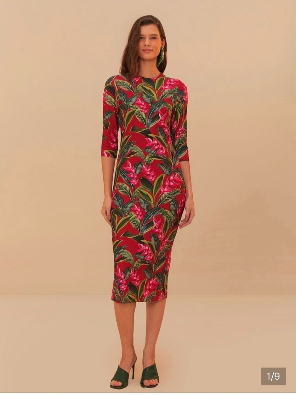 FARM Rio Red Heliconia Midi Dress XS Tropical Floral Bodycon 3/4 Sleeve